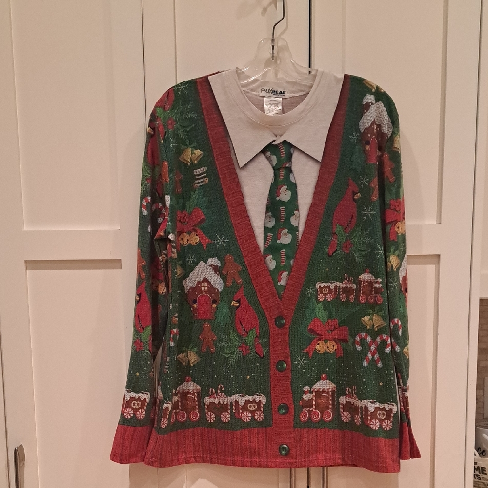 Festive Green and Red Christmas Faux  Cardigan Top with Tie